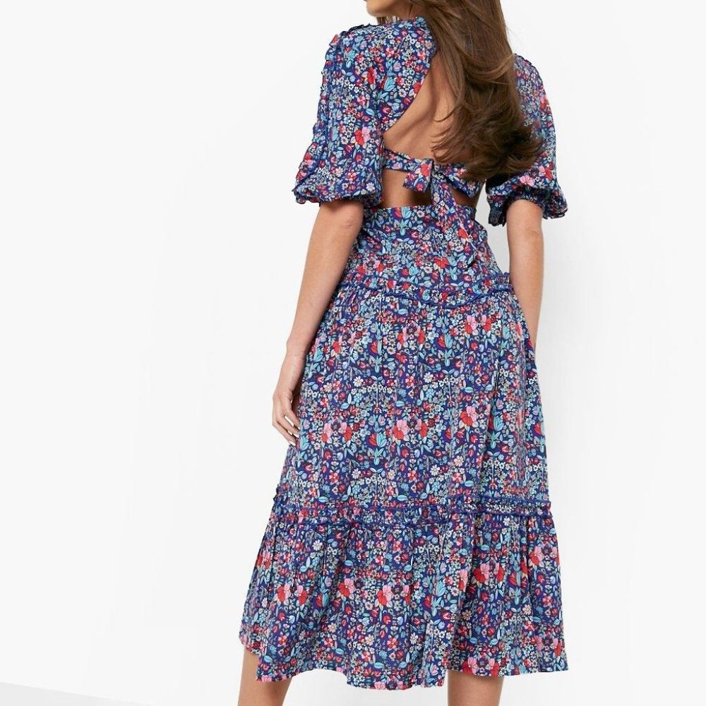 Boohoo Tiered Open Back Maxi Madaxi Dress Floral Size 8 Puff Sleeves Round Neck - Picture 2 of 14